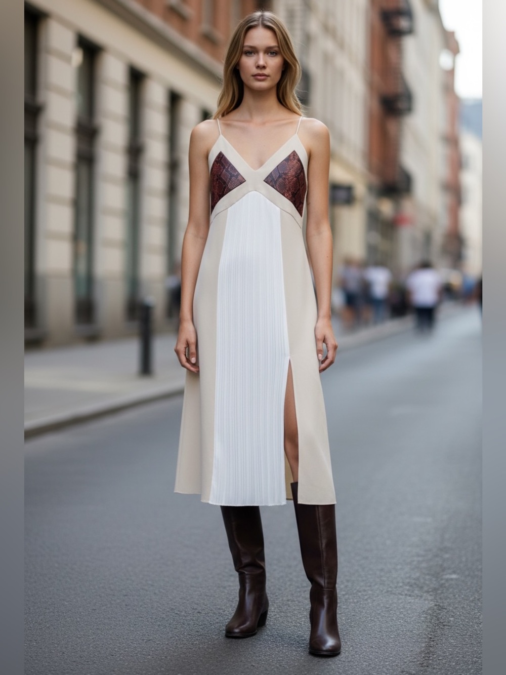 NWOT Zara Beige Cream Snakeskin Pleated Midi Dress Size M • Spaghetti Strap Side